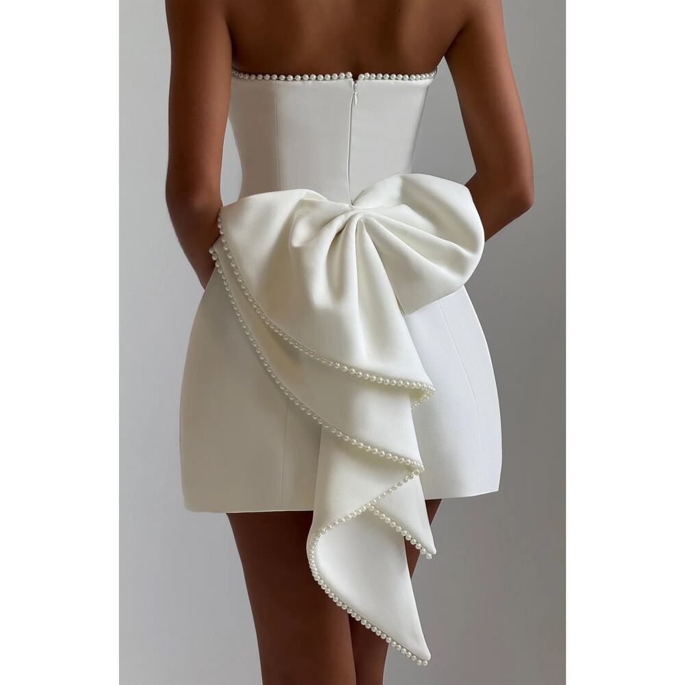 NWT Babyboo Suni Ivory Bow Pearl Trim Strapless Cocktail Mini Dress Women Size M - Picture 3 of 16
